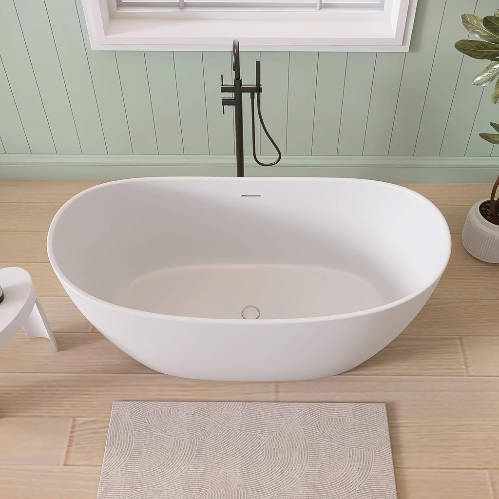SJ STAR&JANE 55' Solid Surface Freestanding Bathtub Stone Resin Tub Oval Double Slippers Stand Alone Soaking Tub with Pop-up Drain and Overflow, Matte White