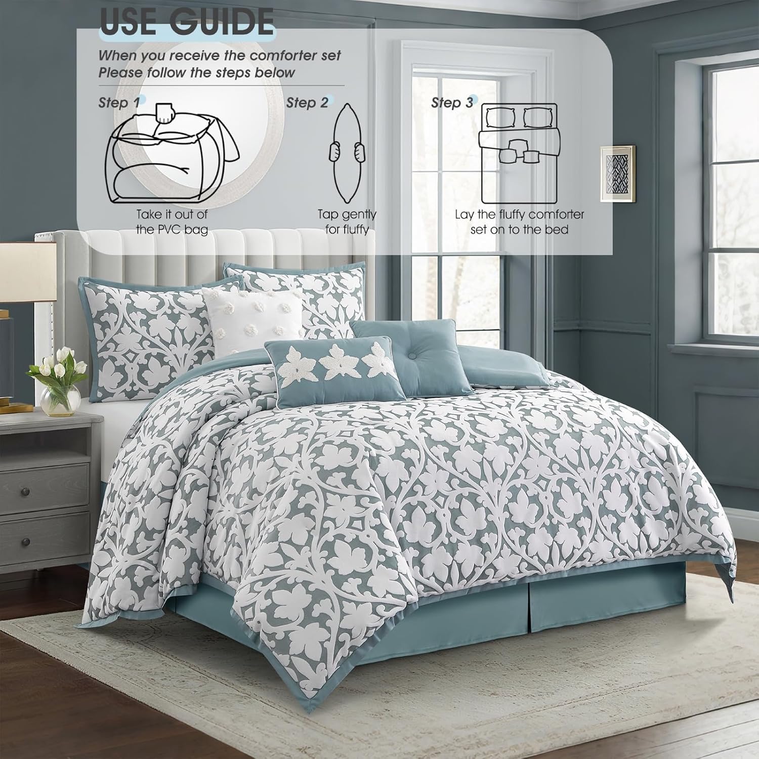 LANCO MODERN LIFESTYLE 7 Pieces Comforter Set, Queen, Blue, Jacquard Floral Pattern and Classy Damask Medallion Design, Ultra Soft, Includes Bed Skirt, Shams, and Decorative Pillows