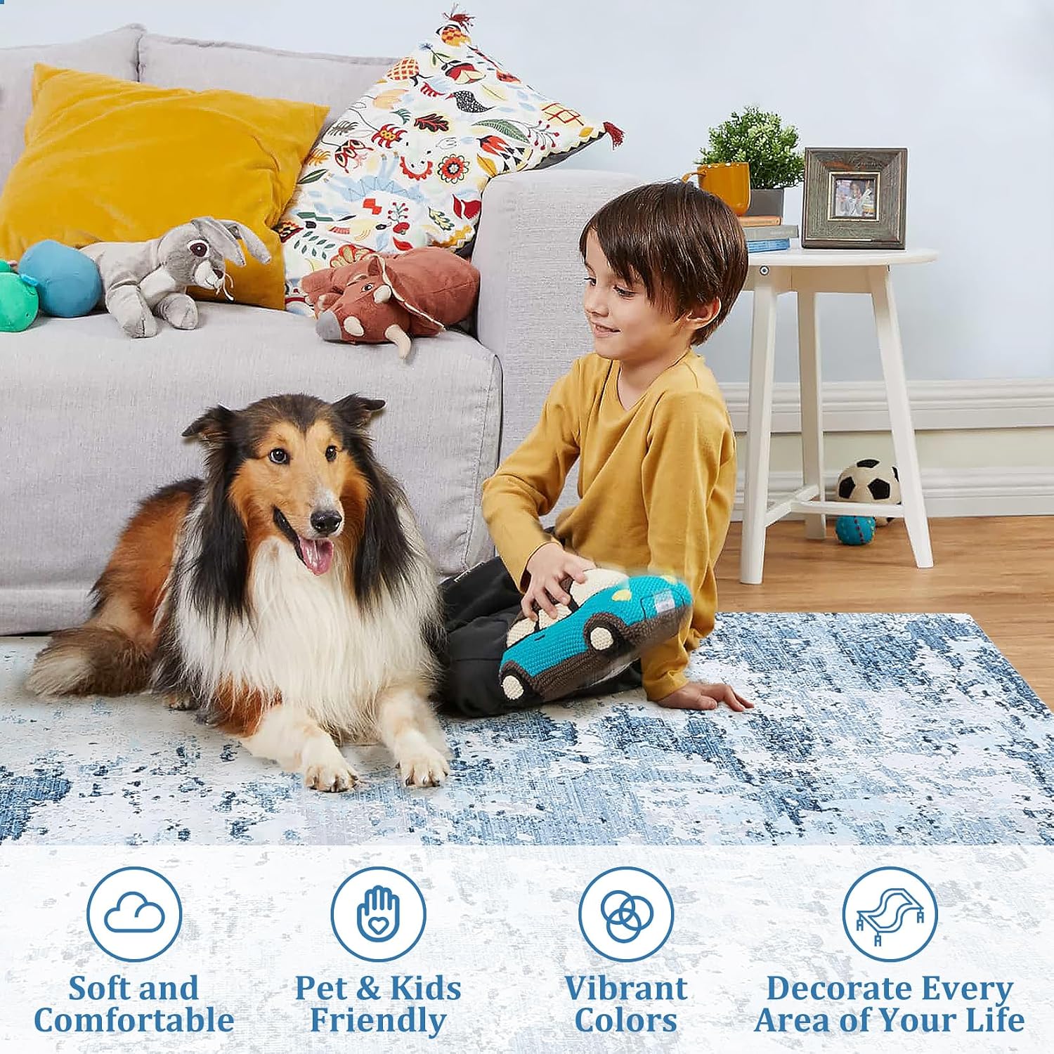 ROYHOME 9x12 Modern Abstract Accent Rug for Living Room Stain Resistant Non Slip Low Pile Accent Bedroom Rug Indoor Floor Cover for Office Home Decor, Blue