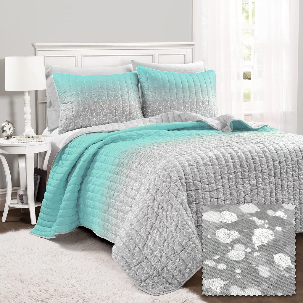 Lush Decor Glitter Ombre Metallic Print 5 Piece Comforter Set, Full/Queen, Aqua & Gray