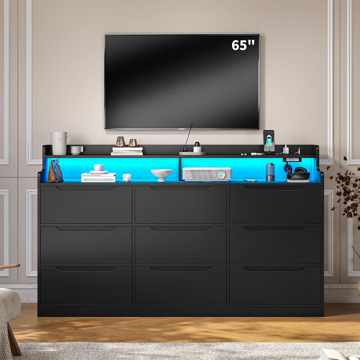 DurayLoly Black Dresser for Bedroom with LED Light & Charging Station Modern 9 Drawer Dresser for Bedroom Wood Chest of Drawers for Living Room Hallway, Anti-Tip Safety, 15.6' D x 55' W x 35.5' H
