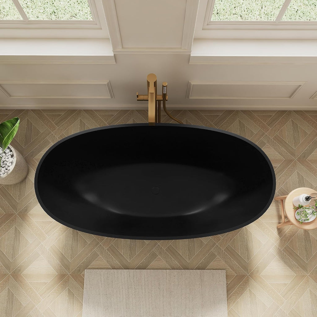 SJ STAR&JANE 61' Solid Surface Freestanding Bathtub, Matte Black Oval Soaking Stone Resin Tub with Overflow and Pop-up Drain for Modern Bathrooms