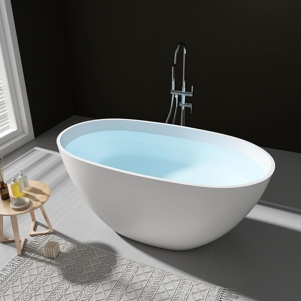 SJ STAR&JANE 51' Solid Surface Freestanding Bathtub, Stone Resin Oval Soaking Tub, Matte White，with Pop-up Drain & Overflow