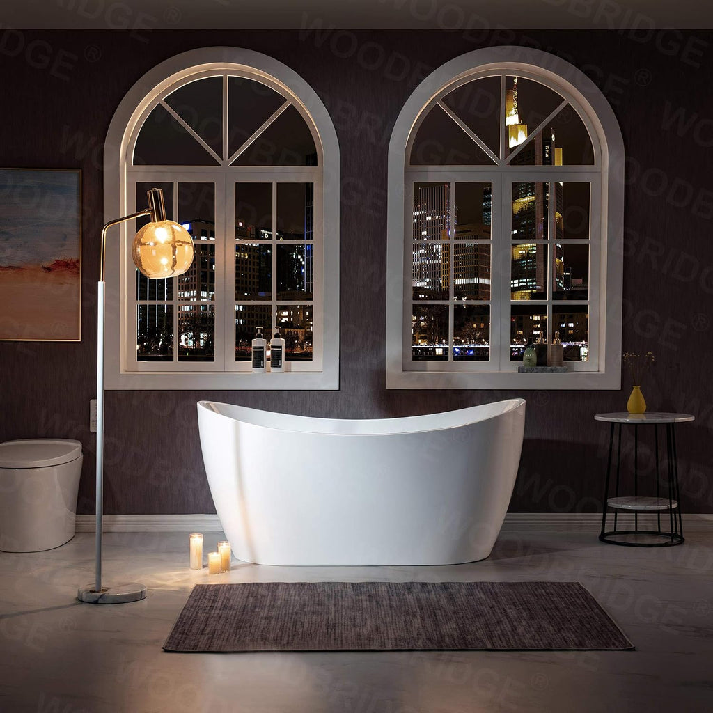 WOODBRIDGE 59' Acrylic Freestanding Bathtub Contemporary Soaking White Tub with Matte Black Overflow and Drain，BTA1516 -MB-Drain &O+ Pillow