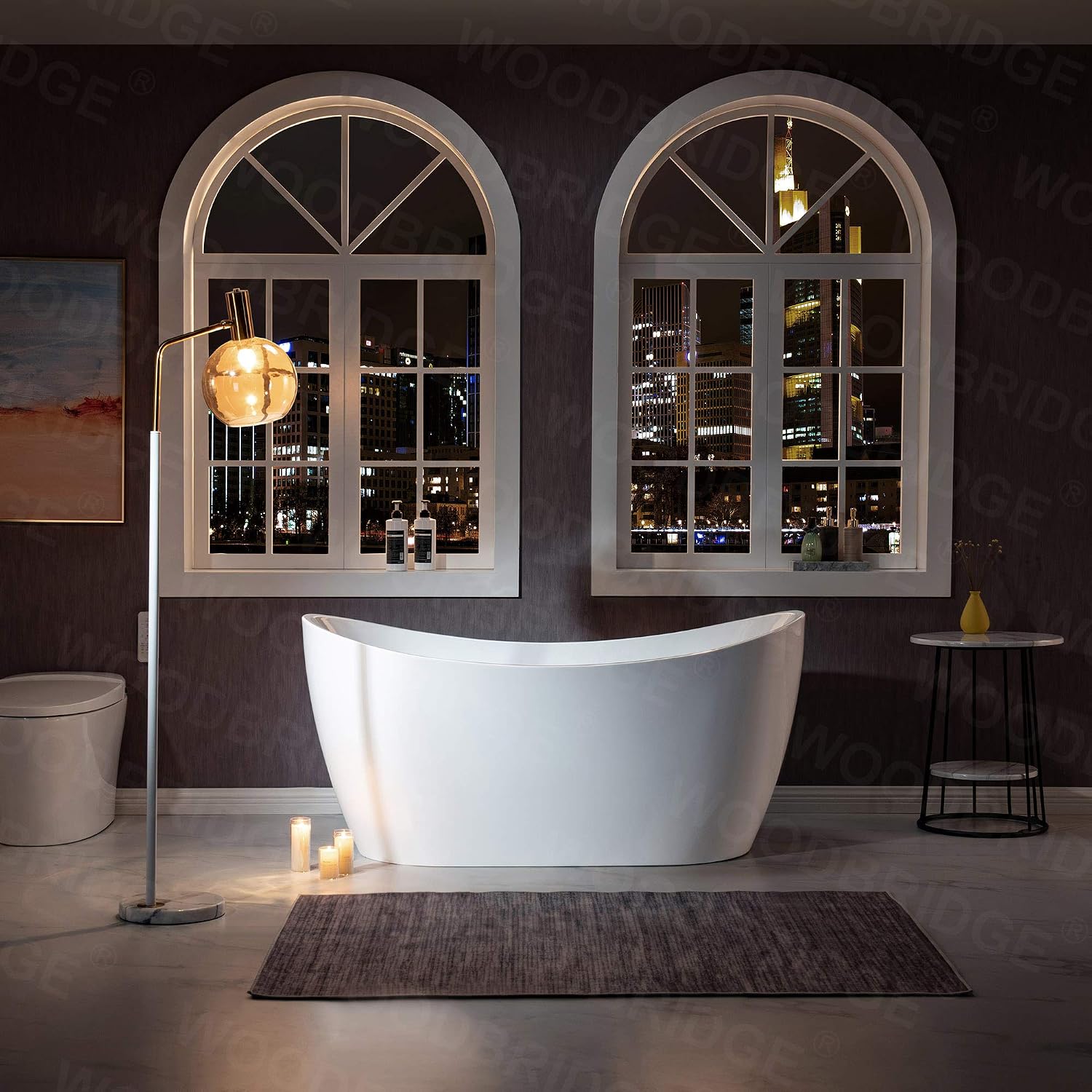 WOODBRIDGE 59' Acrylic Freestanding Bathtub Contemporary Soaking White Tub with Matte Black Overflow and Drain，BTA1516 -MB-Drain &O+ Pillow