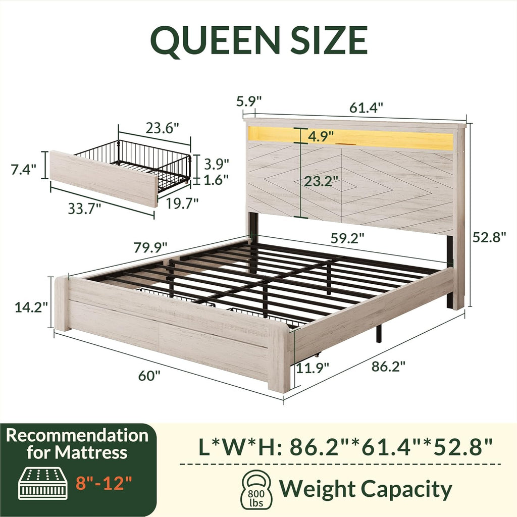 LARMACE Queen Size Bed Frame with 2 Storage Drawers and Headboard Wooden Platform Bed Frame with LED Lights and Charging Station Easy Assembly/No Box Spring Needed/White