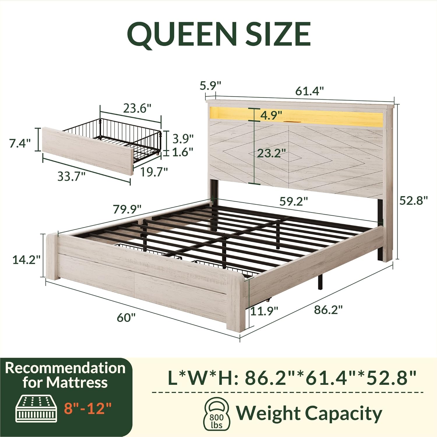 LARMACE Queen Size Bed Frame with 2 Storage Drawers and Headboard Wooden Platform Bed Frame with LED Lights and Charging Station Easy Assembly/No Box Spring Needed/White