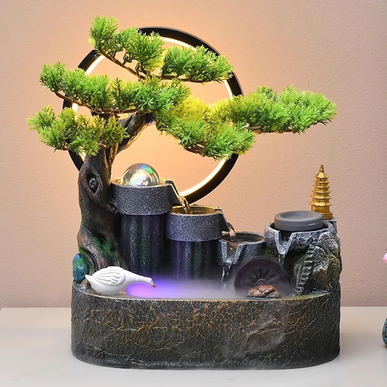 Tabletop Fountain Rockery, Flowing Water Bonsai Circular Fountain Decoration Indoor Porch Living Room Tabletop Decoration Green Plant Tabletop Landscape Tabletop Water Fountain (Size : Small)