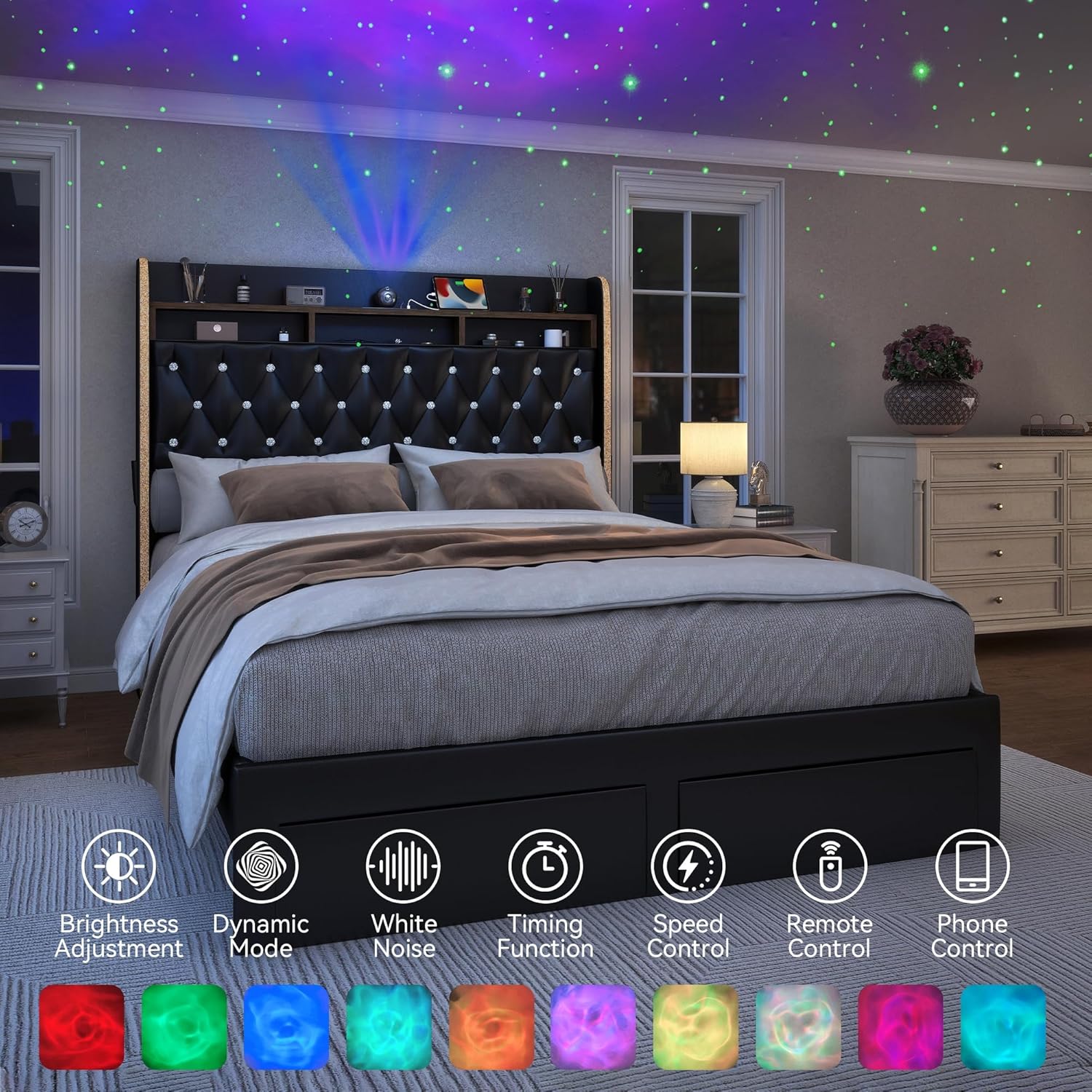 Torana King LED Bed Frame with 2 Drawers, 53' Tall Platform Beds with Galaxy Star Projector Charging Station, PU Upholstered Diamond Tufted Aurora Bedframe with Storage Headboard, Black