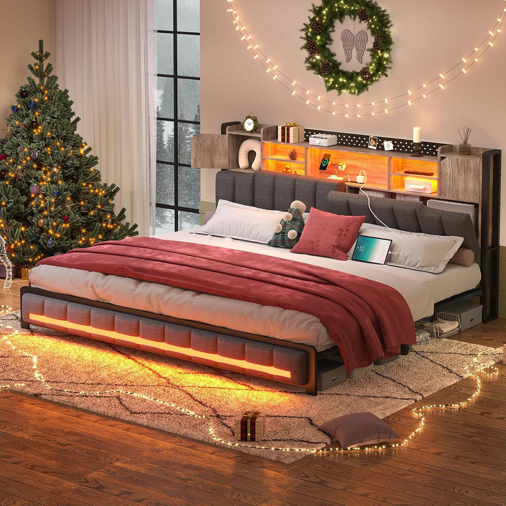 CSZZD King Size Bed Frame and Bookcase Storage Headboard, LED Upholstered Platform Bed Frame with USB Charging Station, Heavy Duty Metal Slats, No Box Spring Needed, Easy Assembly, Oak Gray