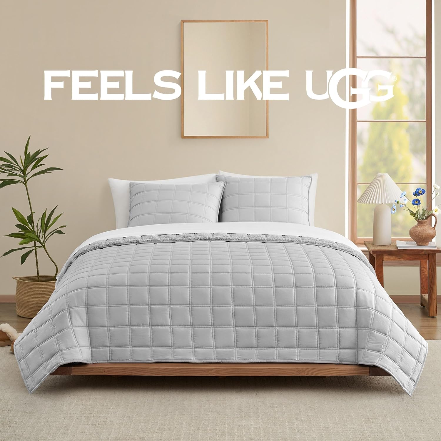 UGG King Quilt Set with 2 Pillow Shams – 3 Piece Lightweight All-Season Bedspread, Ultra-Soft Fluffy Reversible Quilt Set for Apartment, Home & Modern Bedroom Decor, Light Gray(Gizelle)