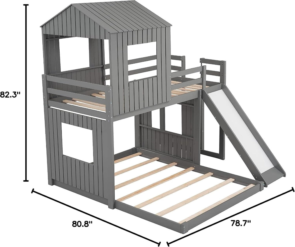 MERITLINE House Bed Bunk Beds with Slide Twin Over Full Size Bunk Bed Frame with Slide,Wooden Playhouse - Design Slide Bunk Beds Twin Over Full Bunk for Boys and Girls