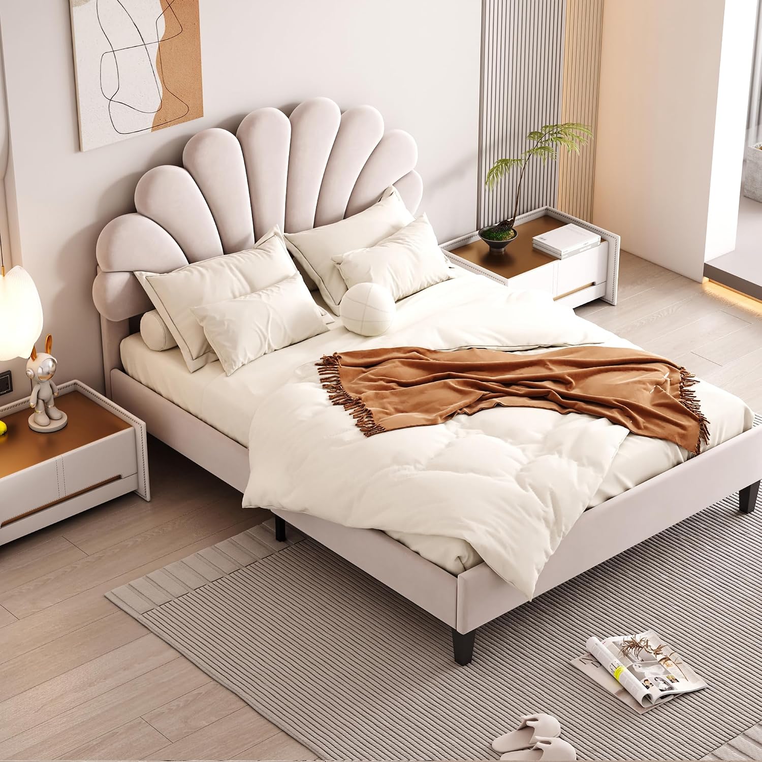 Full Size Velvet Upholstered Platform Bed with Flower Pattern Headboard,Bed Frame W/Wood Slat Support,for Bedroom,Apartment,Guest Room,Beige