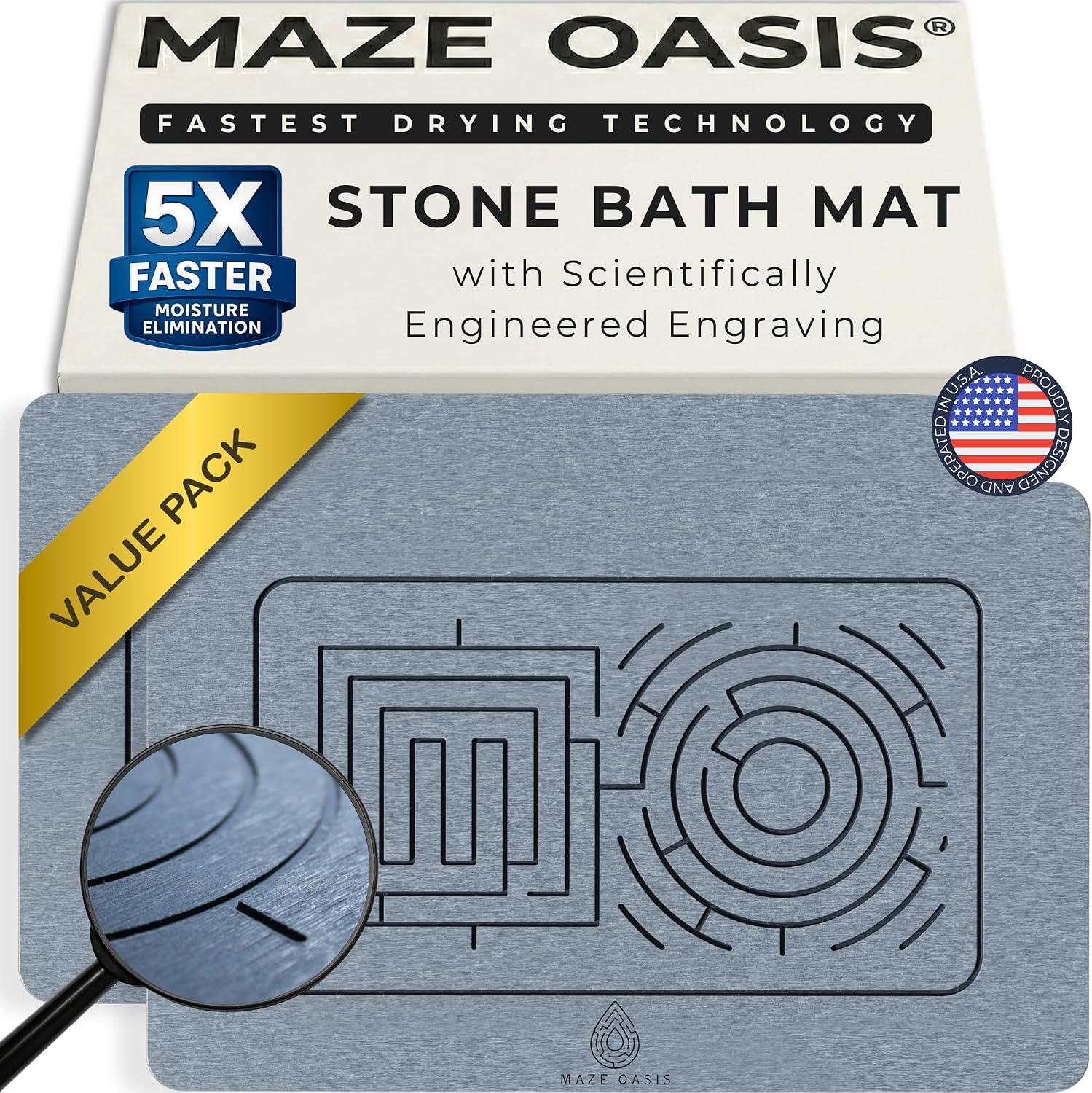 5X Faster Drying - Premium Stone Bath Mat Set - Engineered Design – Diatomaceous Earth Bathroom Mat & Stone Drying Mat for Kitchen Counter – Non Slip, Engraved Airflow – Serenity Ash 2Pc