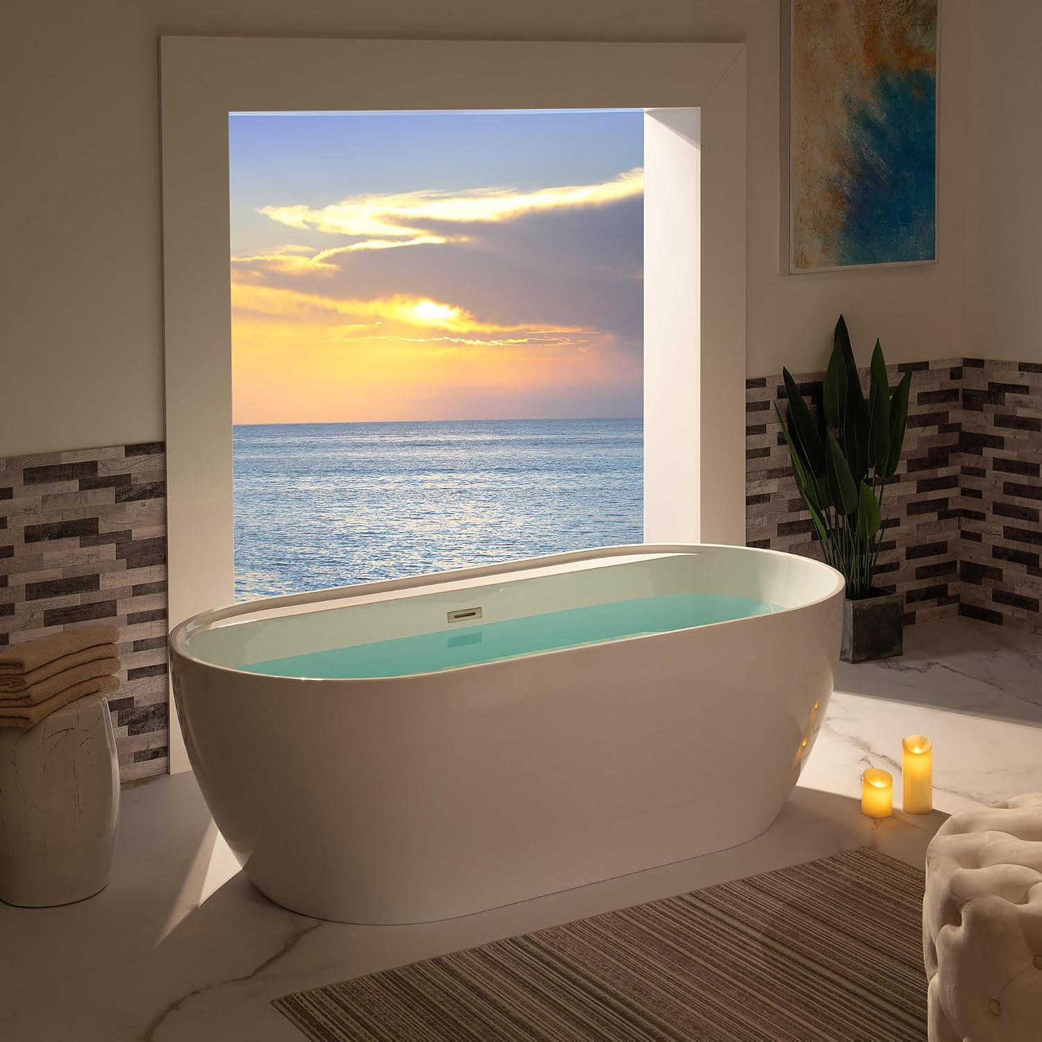 WOODBRIDGE 72' Acrylic Freestanding Bathtub Contemporary Soaking White Tub with Brushed Nickel Overflow and Drain,B0059BN