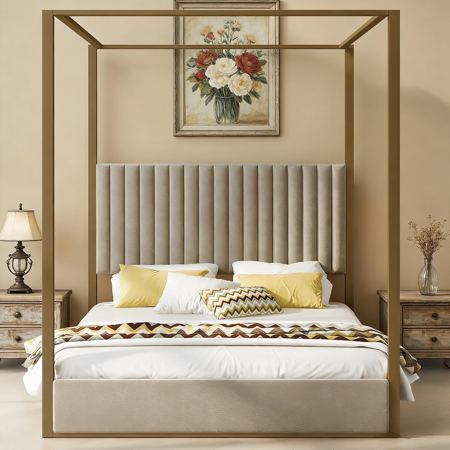 LUMISOL Queen Size Metal Canopy Bed Frame, 4 Poster Canopy Bed with Tall Upholstered Headboard, Upholstered Low Profile Canopy Platform Bed, No Box Spring Needed, Beige + Gold