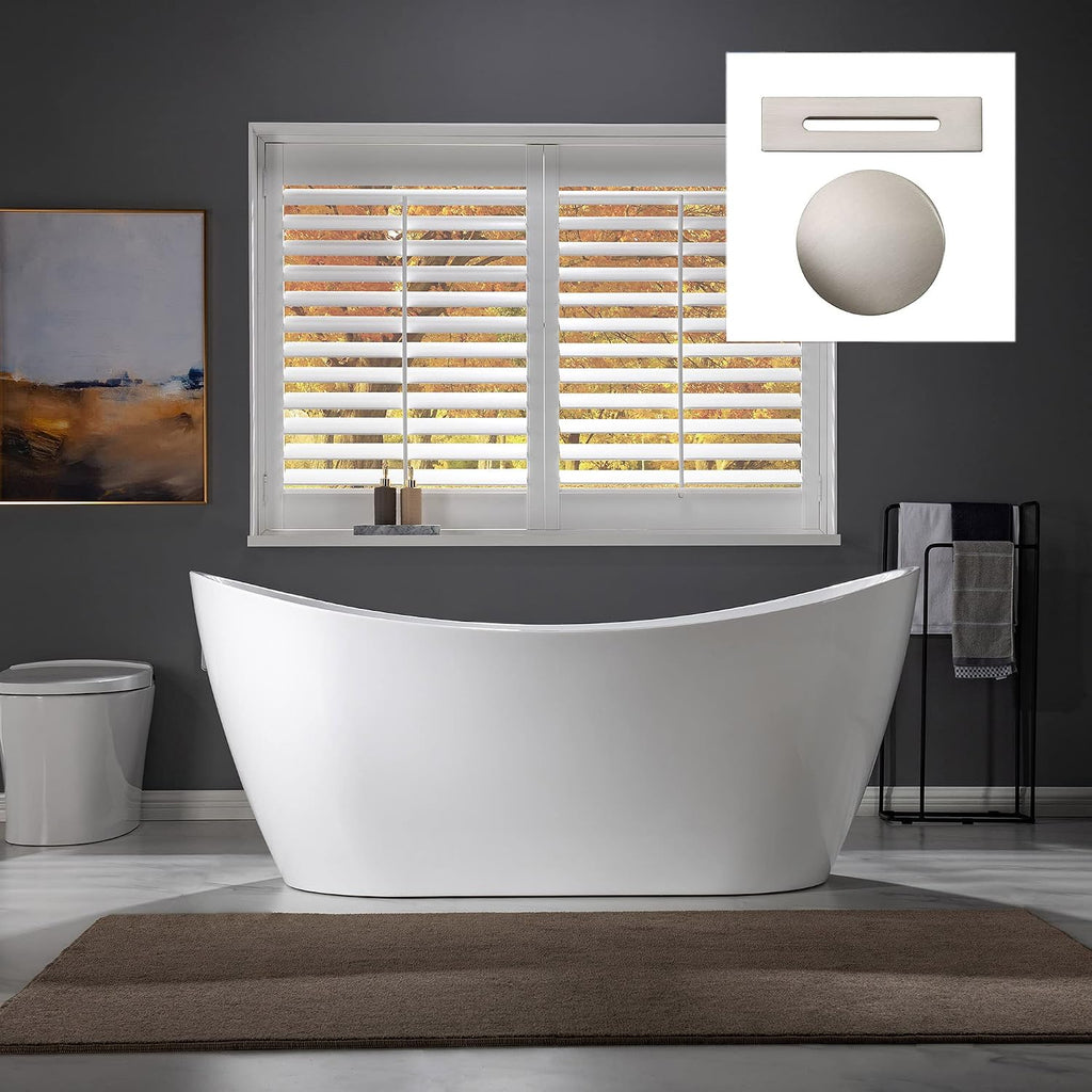 WOODBRIDGE 67' Acrylic Freestanding Bathtub Contemporary Soaking White Tub with Brushed Nickel Overflow and Drain，BTA1515--B/N