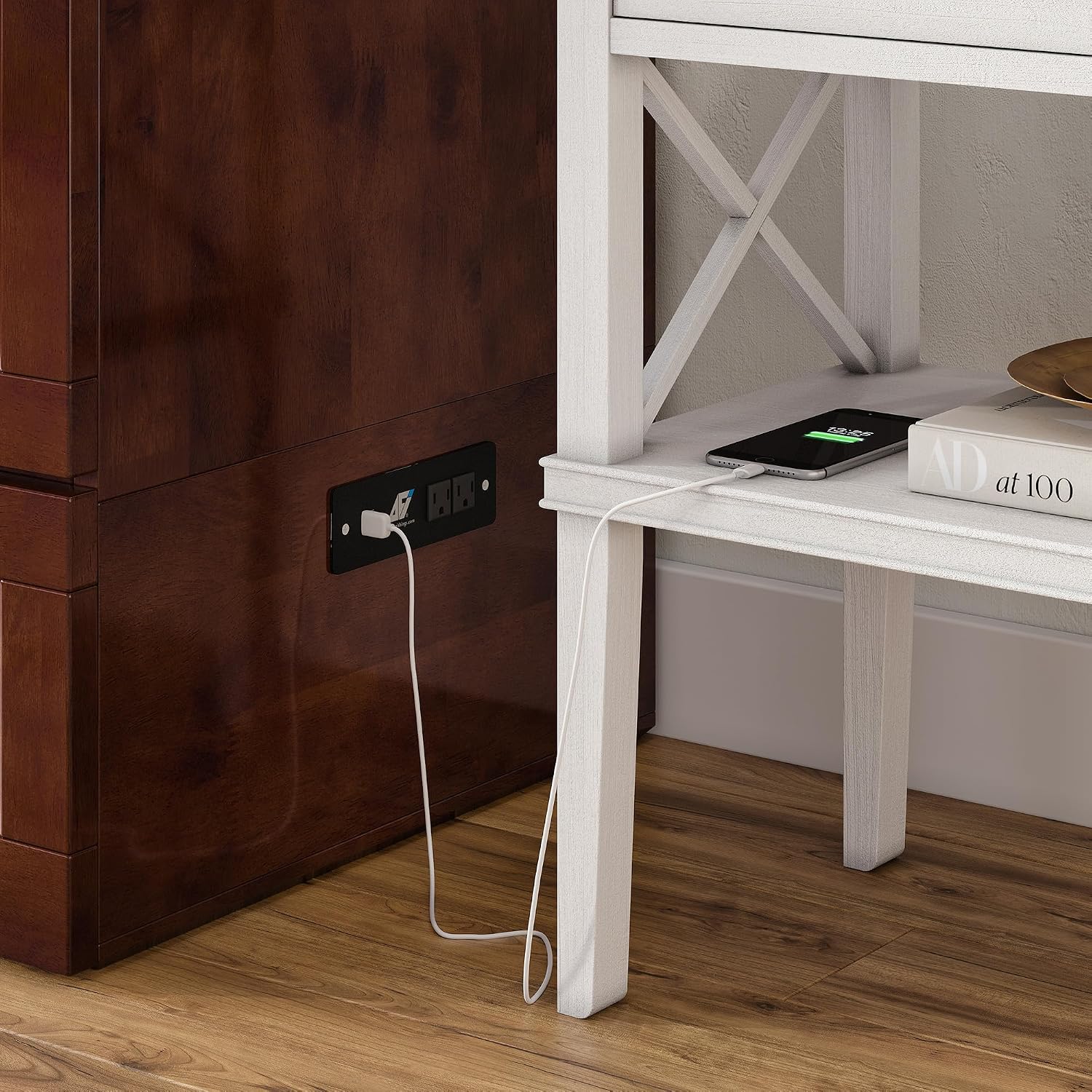 AFI Hamilton Full Murphy Bed Chest with Mattress, Storage, and Built-in Charger in Walnut