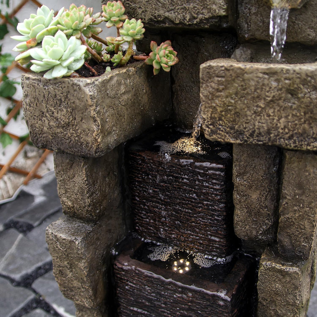 YZM 42.72' H Modern Stacking Bricks Water Fountain Outdoor Cascading Waterfall Fountains with Led Lights for Gardens Landscaping Patios Balconies and Lawns Decor for Outside