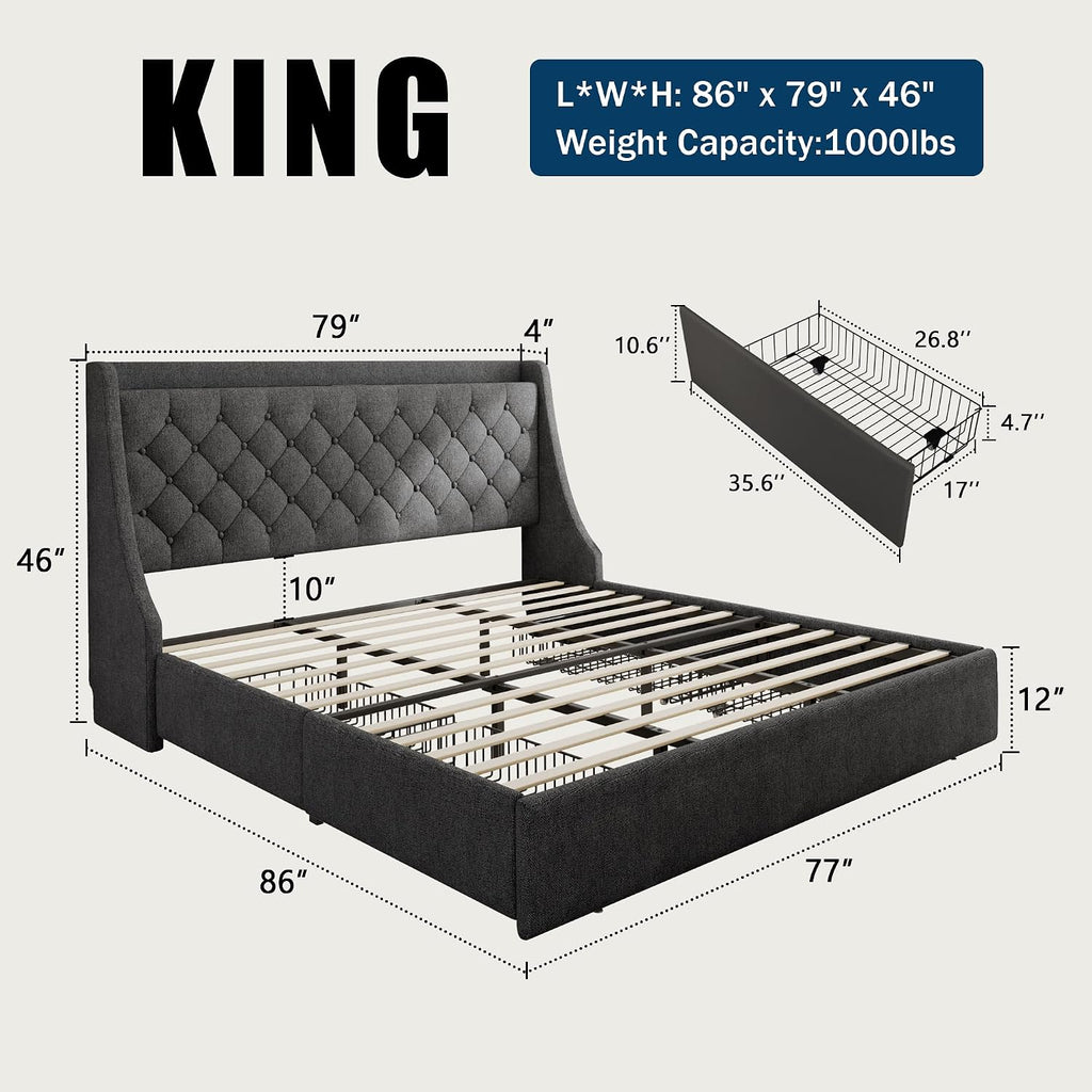 GalnFu King Size Bed Frame with 4 Storage Drawers, Giant Upholstered Wingback Headboard, Fast Charging Station, No Box Spring Needed, Noise-Free, Dark Gray