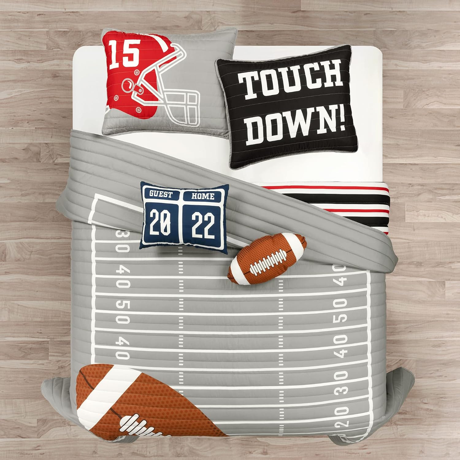 Lush Decor American Football Reversible Quilt Queen Size 5 Piece Set Full/Queen Gray & Black - Kids Bedding Set Queen Quilt - Football Decor