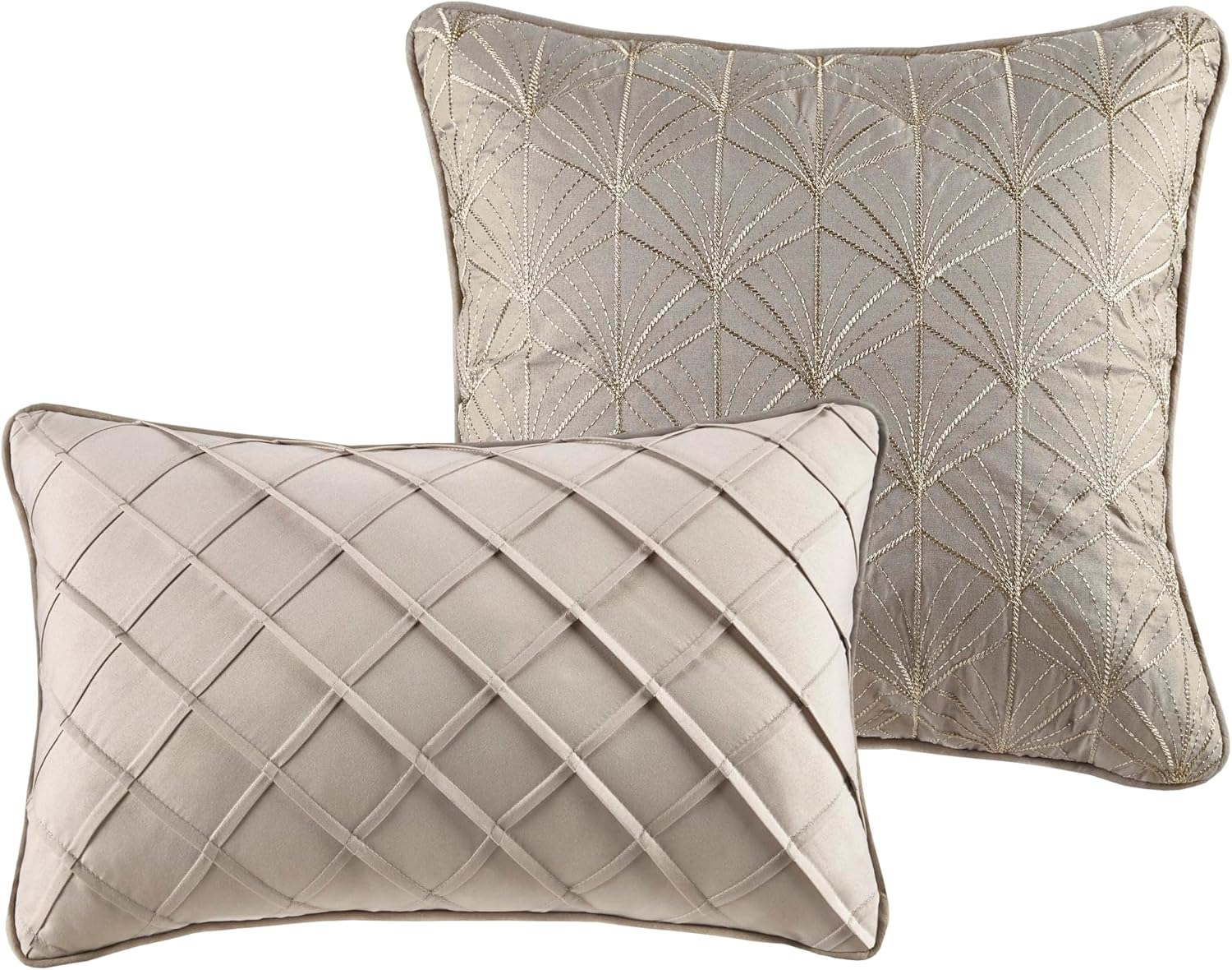Madison Park Emilia Bed in a Bag Comforter Set with Sheets, Gold Metallic Jacquard Damask Design, Traditional, All Season Bedding Includes Bedskirt, Shams, Toss Pillows, Cal King Khaki/Gold 12 Piece