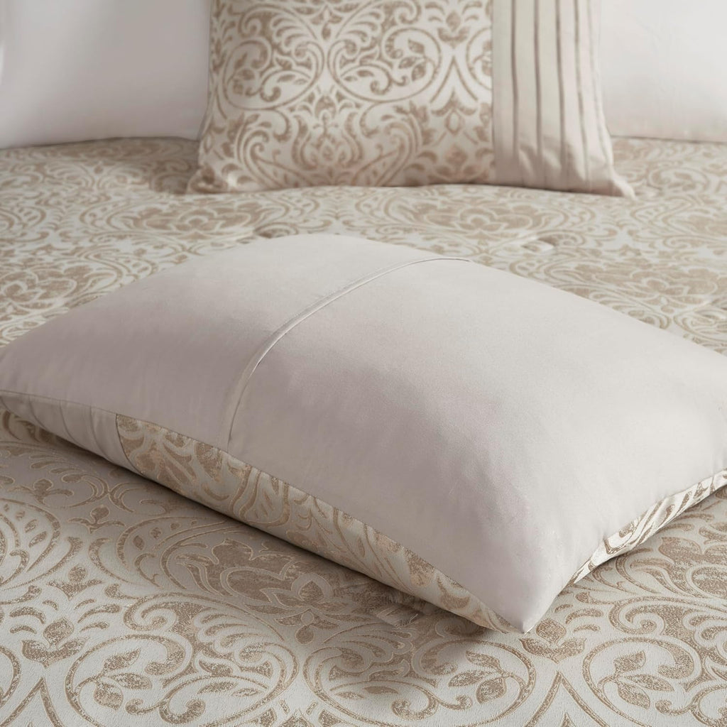 Madison Park Emilia Bed in a Bag Comforter Set with Sheets, Gold Metallic Jacquard Damask Design, Traditional, All Season Bedding Includes Bedskirt, Shams, Toss Pillows, King Khaki/Gold 12 Piece