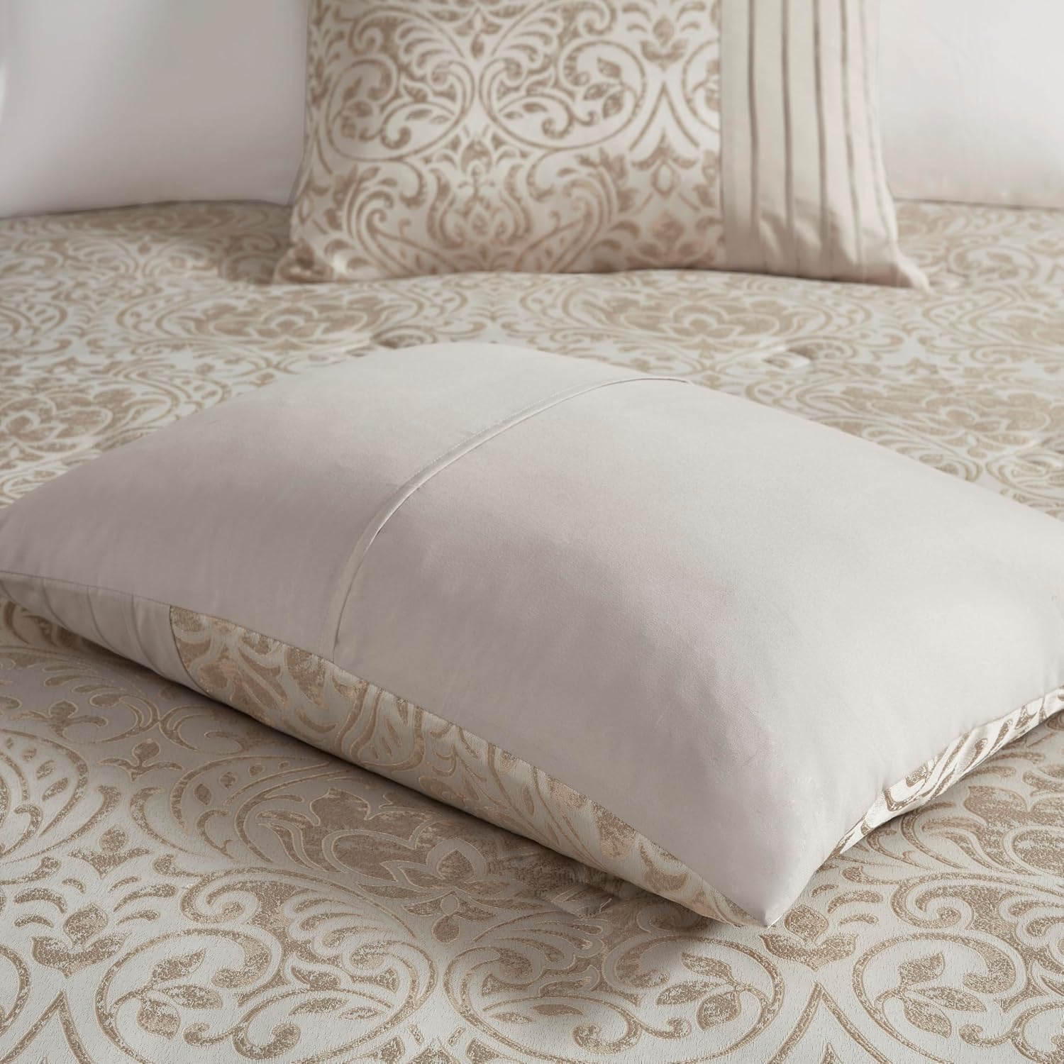 Madison Park Emilia Bed in a Bag Comforter Set with Sheets, Gold Metallic Jacquard Damask Design, Traditional, All Season Bedding Includes Bedskirt, Shams, Toss Pillows, Cal King Khaki/Gold 12 Piece
