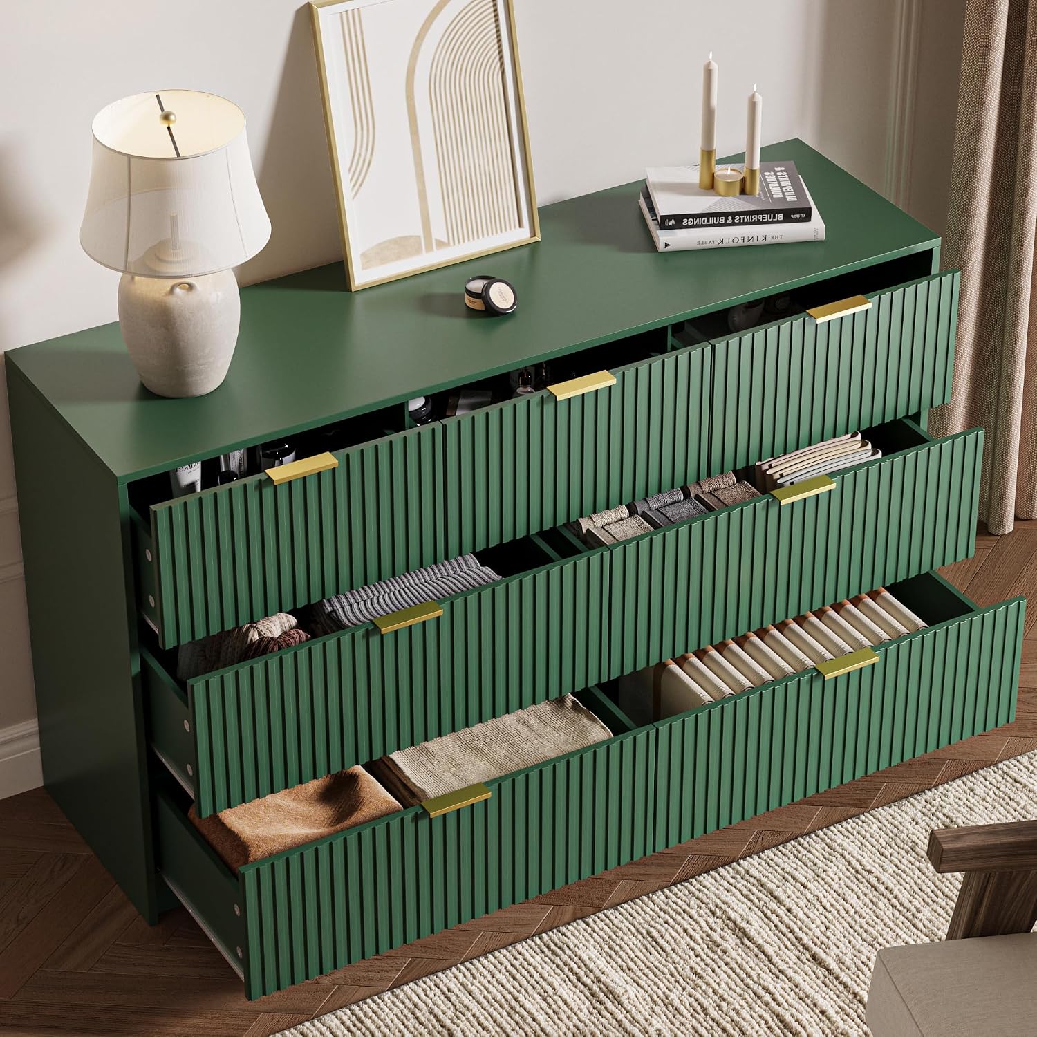MAISONARIA 3-Piece Dresser Bedroom Set, 7 Drawer Dresser & 3 Drawer Nightstands with Gold Handles, Fluted Wood Chest of Drawers for Bedroom, Living Room, Entryway, Green