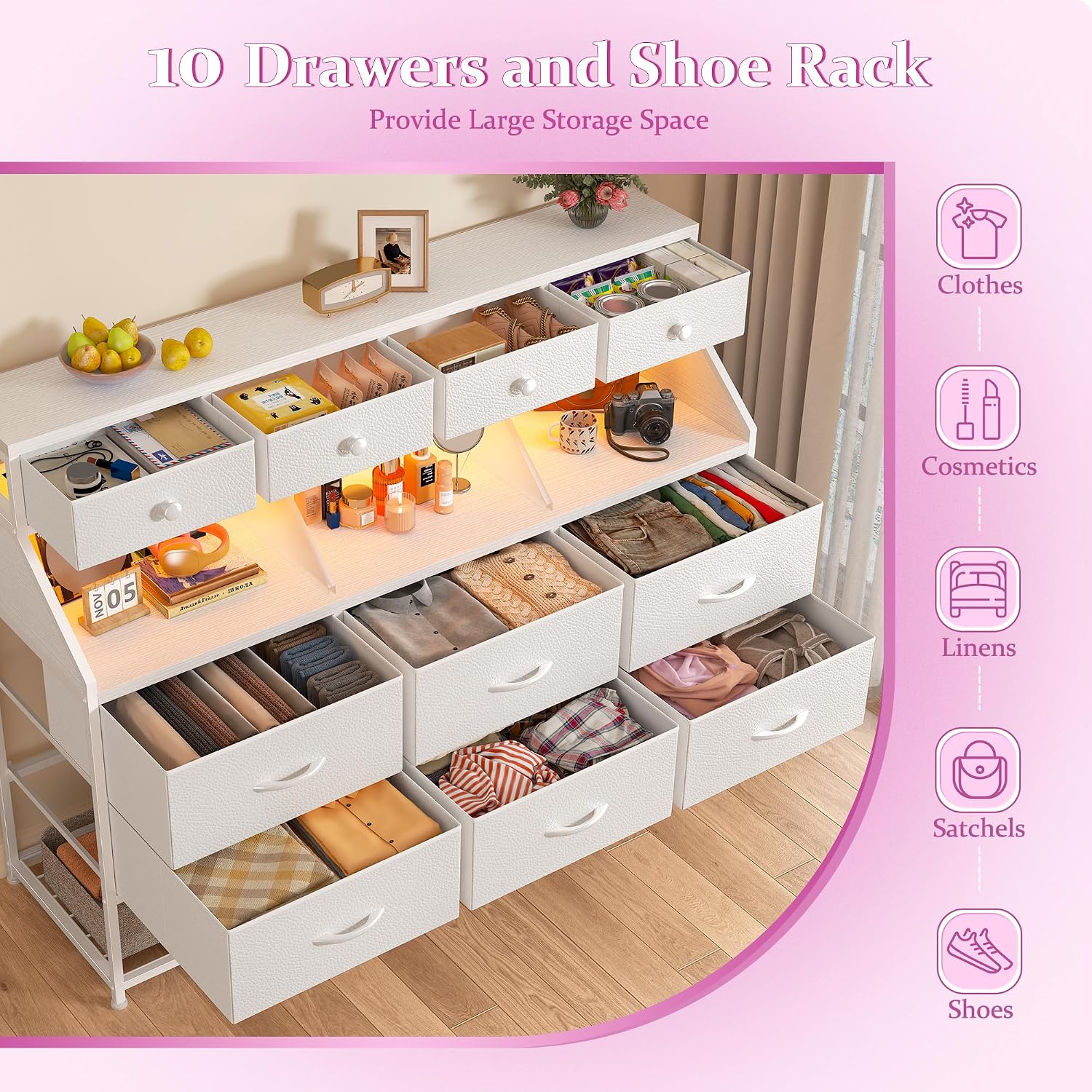 EnHomee Dresser for Bedroom with 10 Drawers & Shoe Rack Fabric Dressers & Chests of Drawers with LED Lights and Power Outlets Bedroom Dresser for Entryway, Hallway(White)