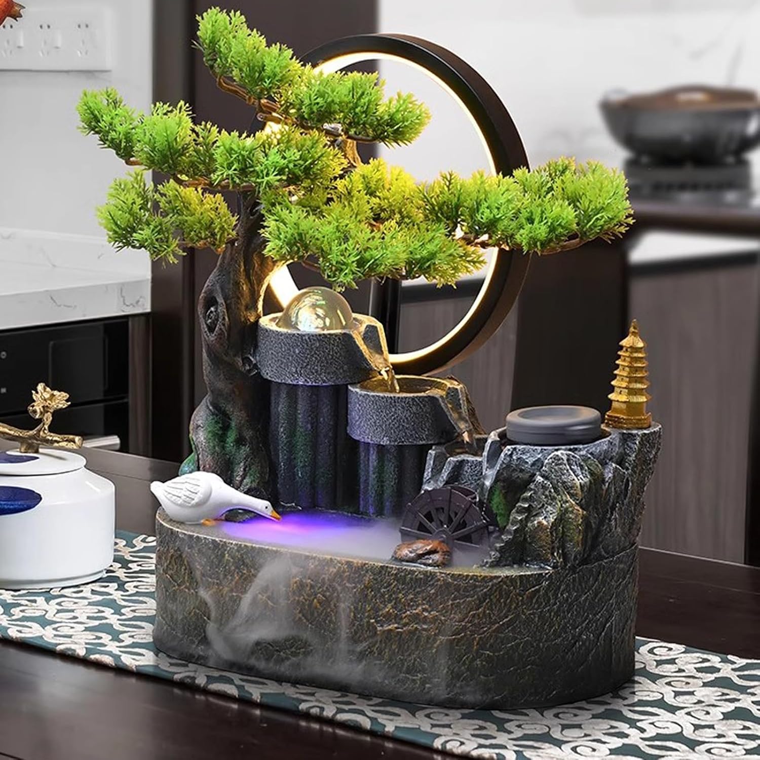 GLigeT Tabletop Fountain Rockery, Flowing Water Bonsai Circular Fountain Decoration Indoor Porch Living Room Tabletop Decoration Green Plant Tabletop Landscape Water Fountain Decor(Large)