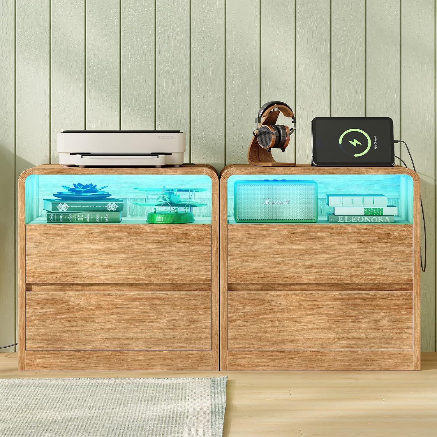 TEENFON Nightstands Set of 2 with Charging Station & LED Lights, Curved Corner Bedside Table 21.7' W, 2 Drawers & Open Shelf, USB-C & USB Ports, Natural, Storage End Table for Bedroom/Living Room