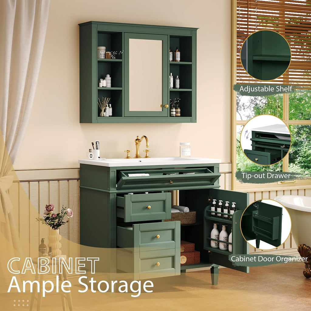 Merax 36'' Bathroom Vanity with Medicine Cabinet, Royal Blue Mirror Cabinet, Modern Bathroom Storage Cabinet with 2 Soft Closing Doors and 4 Drawers,Green
