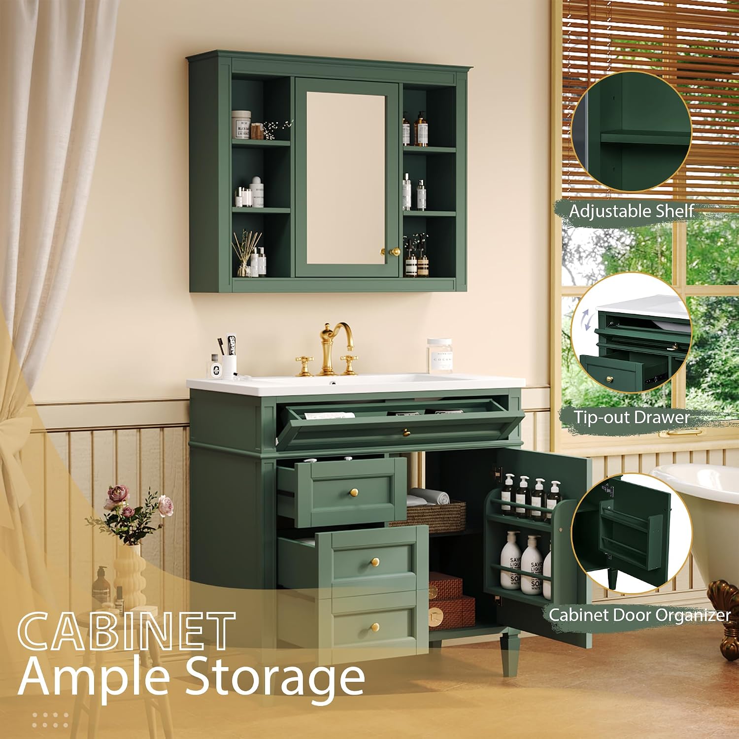 Merax 36'' Bathroom Vanity with Medicine Cabinet, Royal Blue Mirror Cabinet, Modern Bathroom Storage Cabinet with 2 Soft Closing Doors and 4 Drawers,Green