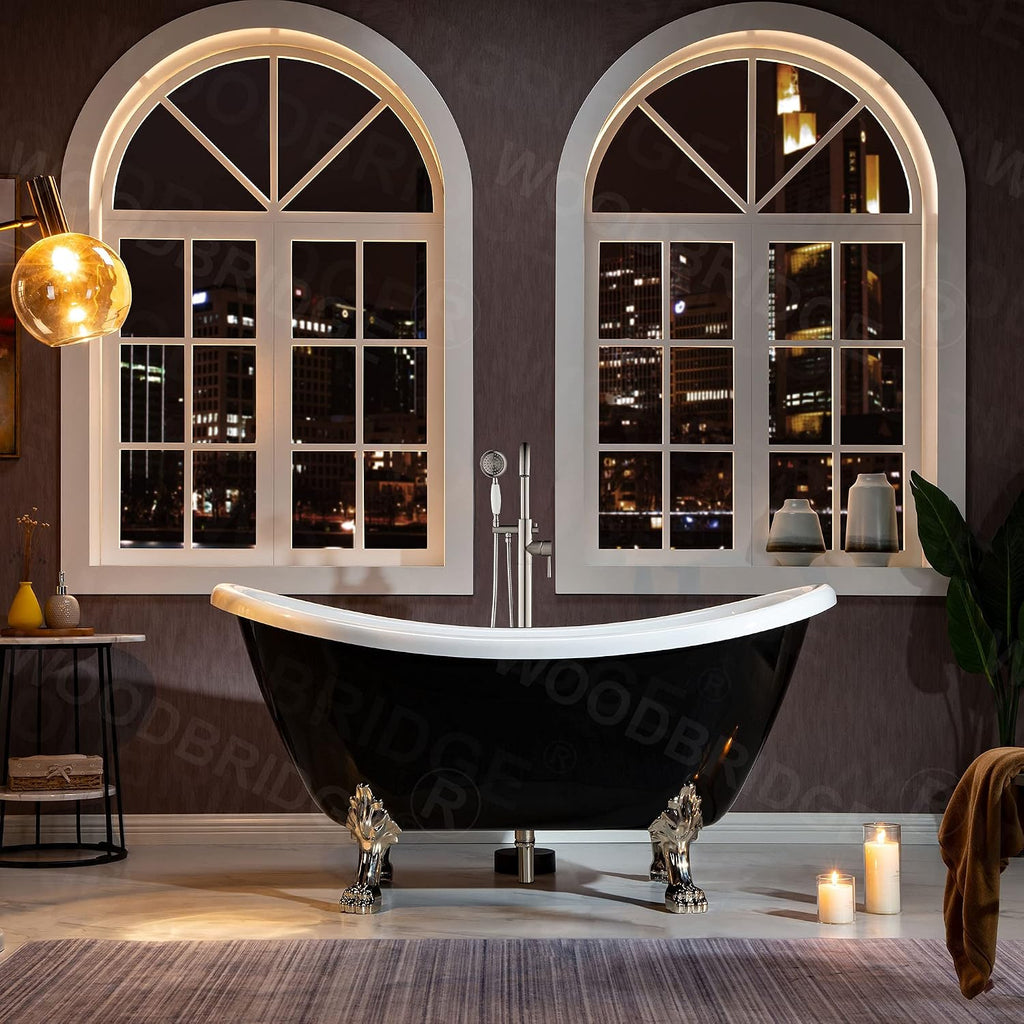 WOODBRIDGE 59' Heavy Duty Acrylic Double Slipper Clawfoot Bath Tub in Black Color with Brushed Nickel Feet + Brushed Nickel Drain &Overflow