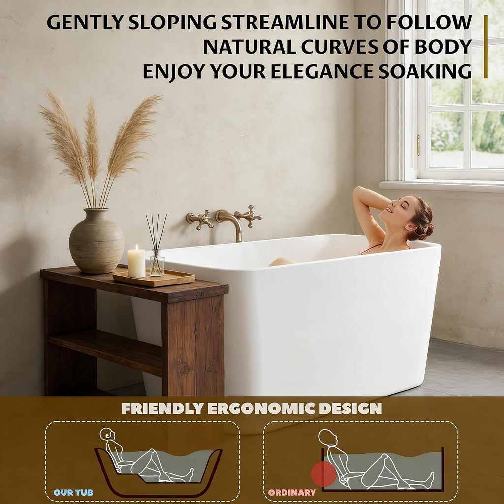 Acrylic Freestanding Bathtub, Soaking Tub with Seat, Toe-Tap Drain, Slotted Overflow, Deep Ergonomic Design, cUPC Certified, Glossy White, 49'