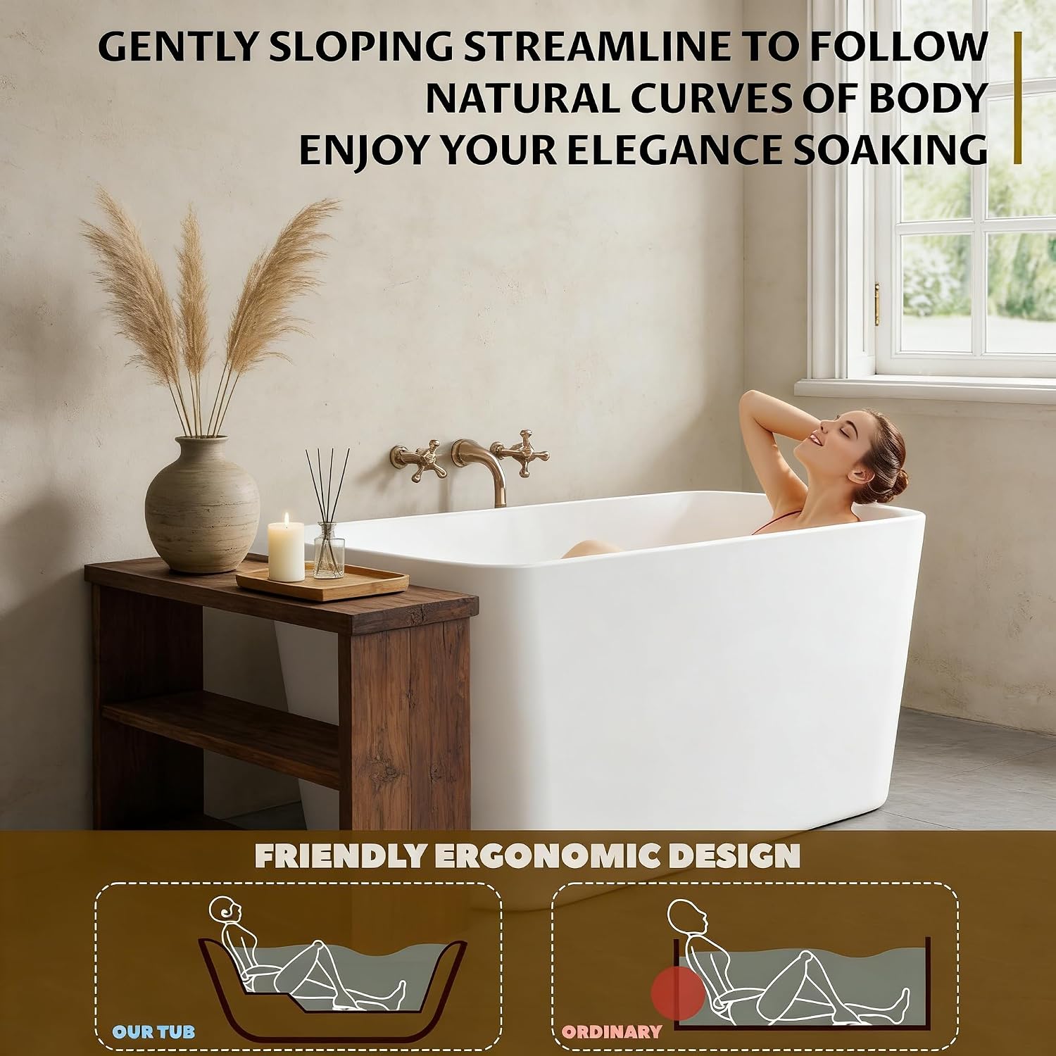 Acrylic Freestanding Bathtub, Soaking Tub with Seat, Toe-Tap Drain, Slotted Overflow, Deep Ergonomic Design, cUPC Certified, Glossy White, 49'