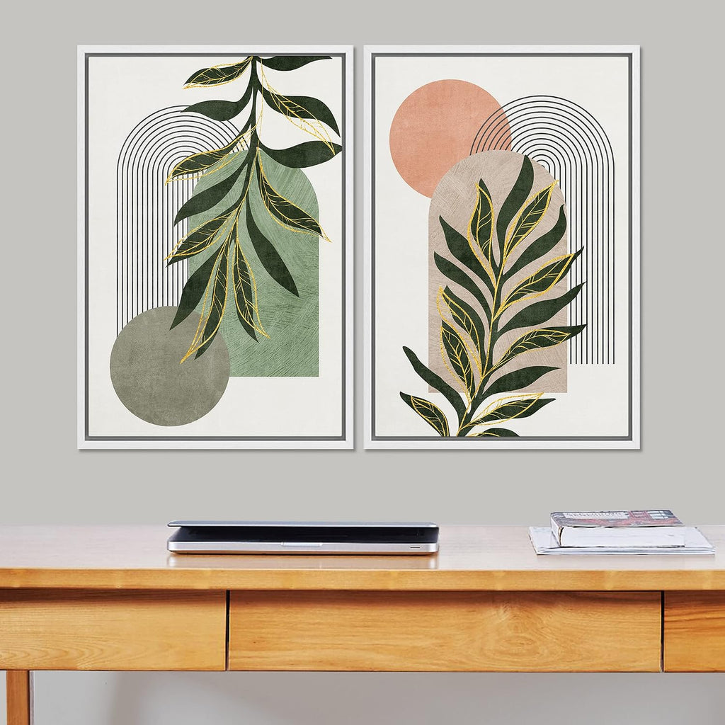 SIGNFORD Framed Canvas Print Wall Art Set Jungle Palm Leaf Geometric Polygons Abstract Shapes Illustration Modern Art Decorative Nordic Nature for Living Room, Bedroom, Office - 24'x36'x2 White
