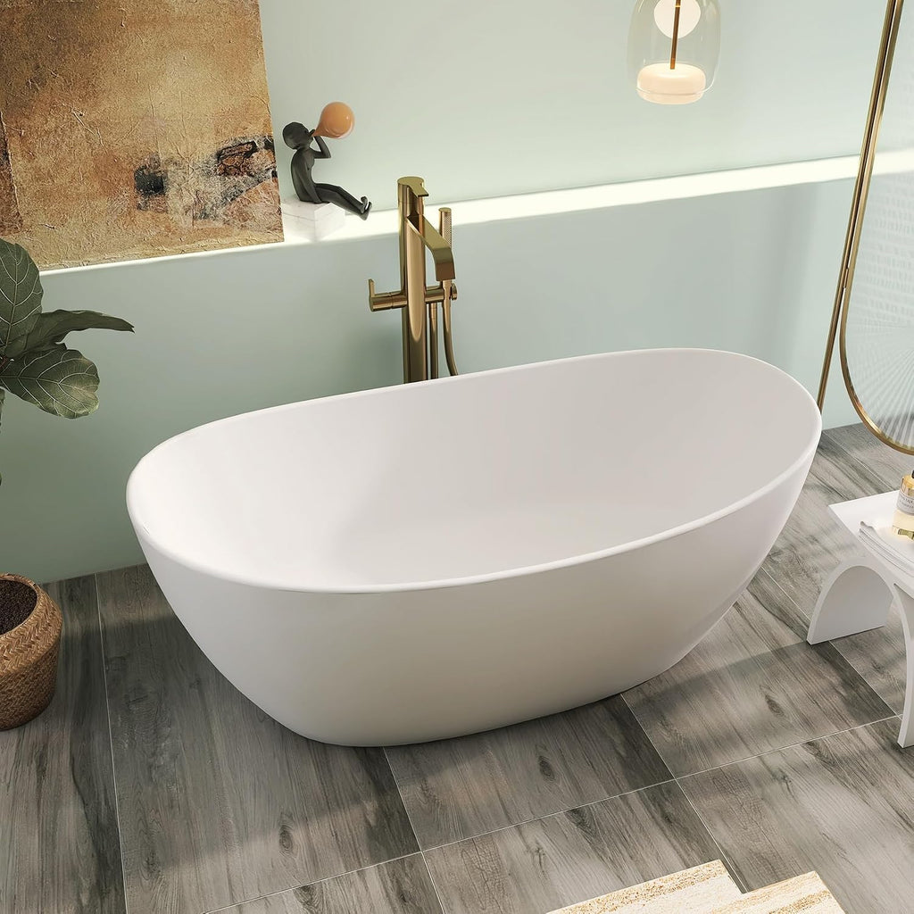 65' Premium Solid Surface Freestanding Bathtub, Contemporary Design Stand Alone Stone Resin Tub with Overflow and Pop-up Drain, Matte White