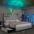 SIBEDS King Led Bed Frame with Galaxy Aurora Star Projector, Platform Beds with Charging Station, 52' Diamond Upholstered Wingback Bedframe with 2 Storage Drawers, No Box Spring Needed, PU Grey
