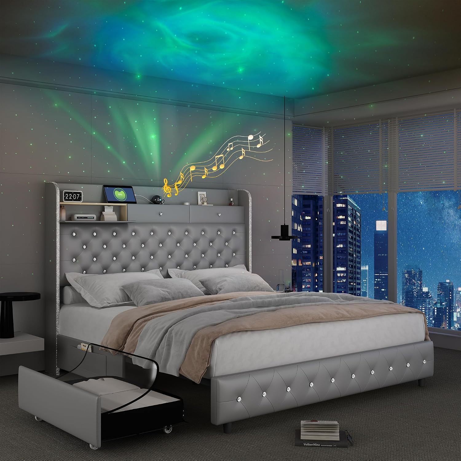 SIBEDS King Led Bed Frame with Galaxy Aurora Star Projector, Platform Beds with Charging Station, 52' Diamond Upholstered Wingback Bedframe with 2 Storage Drawers, No Box Spring Needed, PU Grey