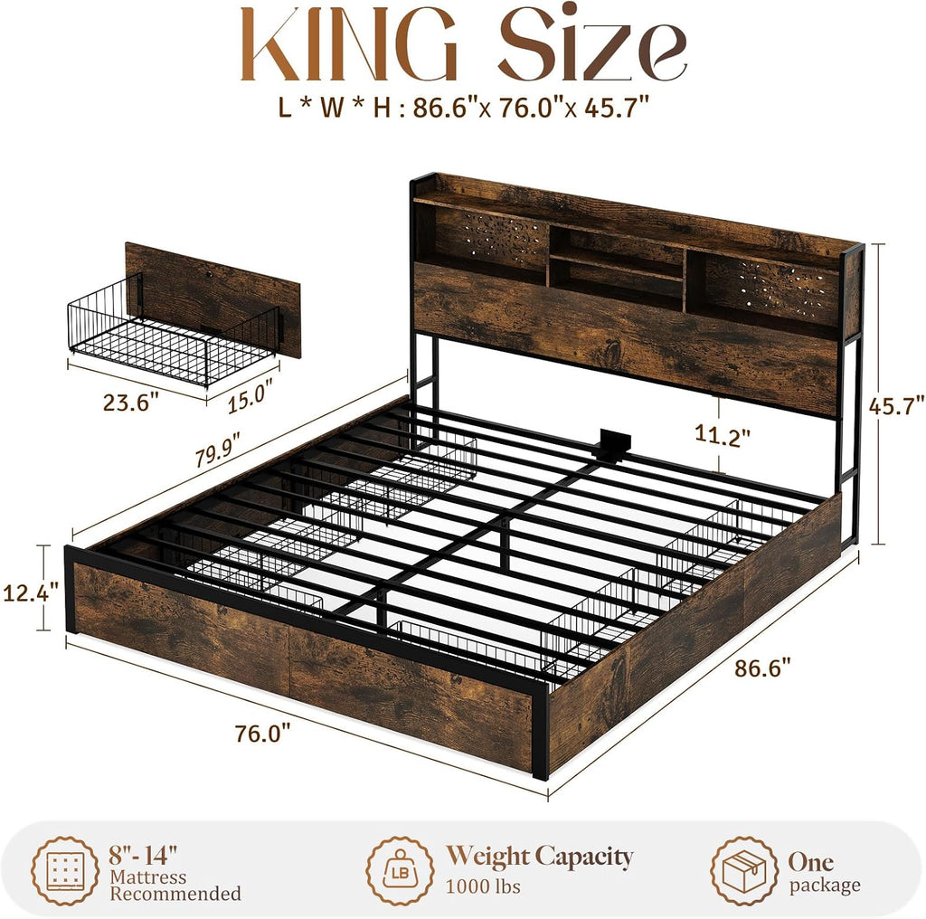 Belffin King Bed Frame with 6 Storage Drawers and Carving Headboard, Wooden Bed Frame with Charging Station and LED Lights, No Noise and Easy Assembly, No Box Spring Needed, Vintage Brown