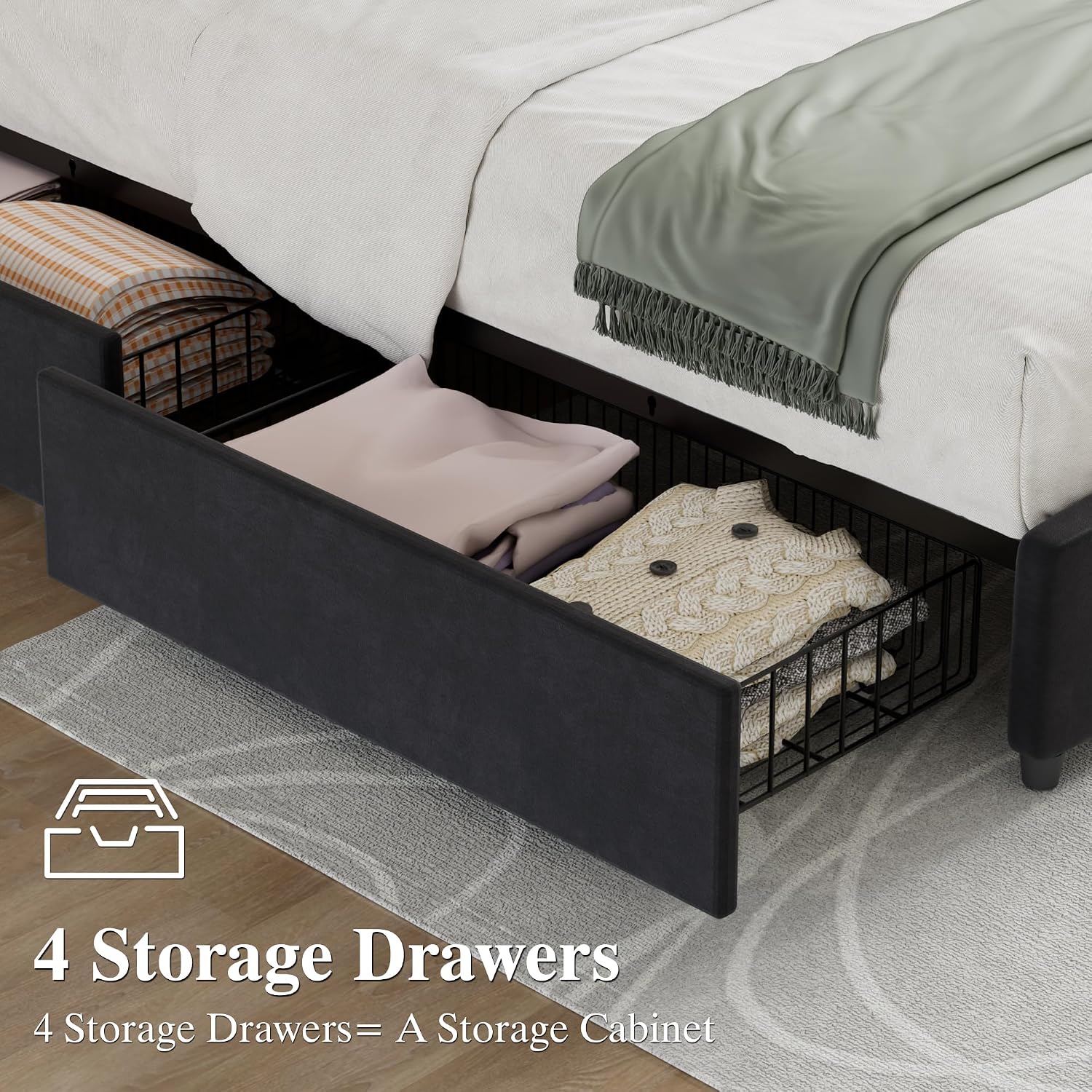 VECELO Queen Size Bed Frame with 4 Storage Drawers, Adjustable Height Headboard, Heavy-Duty Platform Bedframe with Strong Wooden Slats, No Box Spring Needed, Black