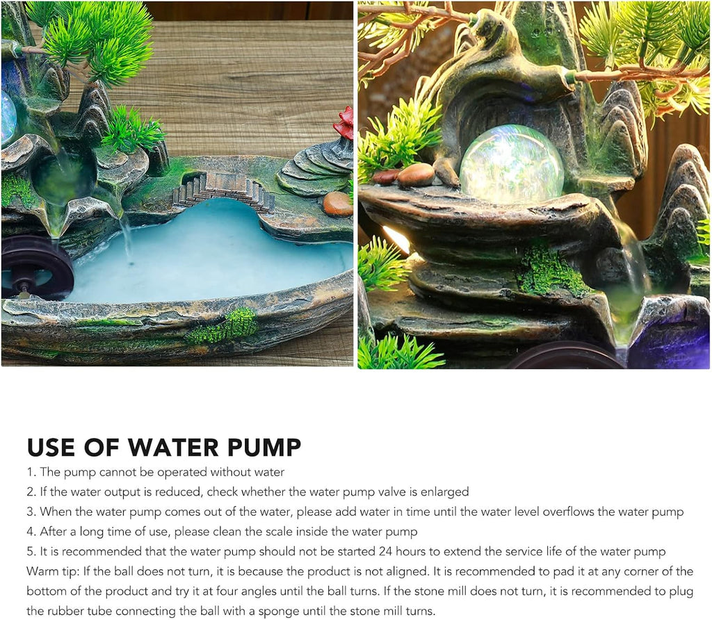Walfront Waterfall Fountain Decoration, Waterfall Fountain, Waterfall Fountain LED Light Indoor Tabletop Fountain with Plants Mountain Lamp Loop Resin Desktop Waterfall Ornament for