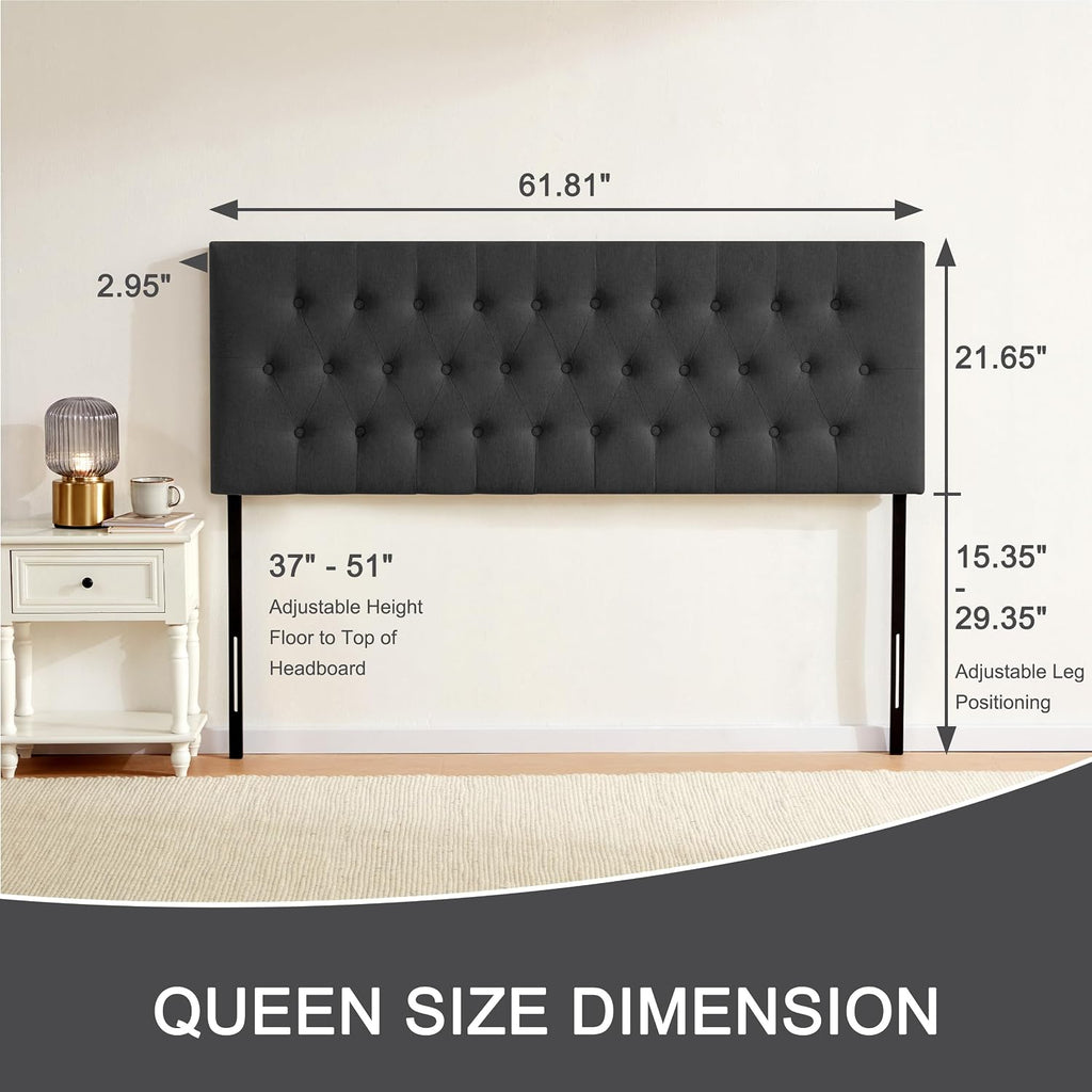 Huatean Home Tufted Upholstered Headboard Queen Size, Solid Wood Head Board with Durable Metal Legs, Adjustable Height Bed headboard from 37' to 51' Fabric Headboard in Modern Button Design (Black)