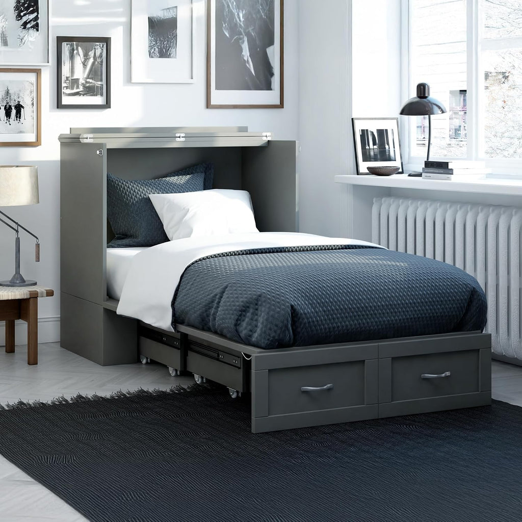 AFI, Hamilton Twin XL Murphy Bed Chest with 6' Mattress, Storage Drawer, and Built-in USB Charger, Grey