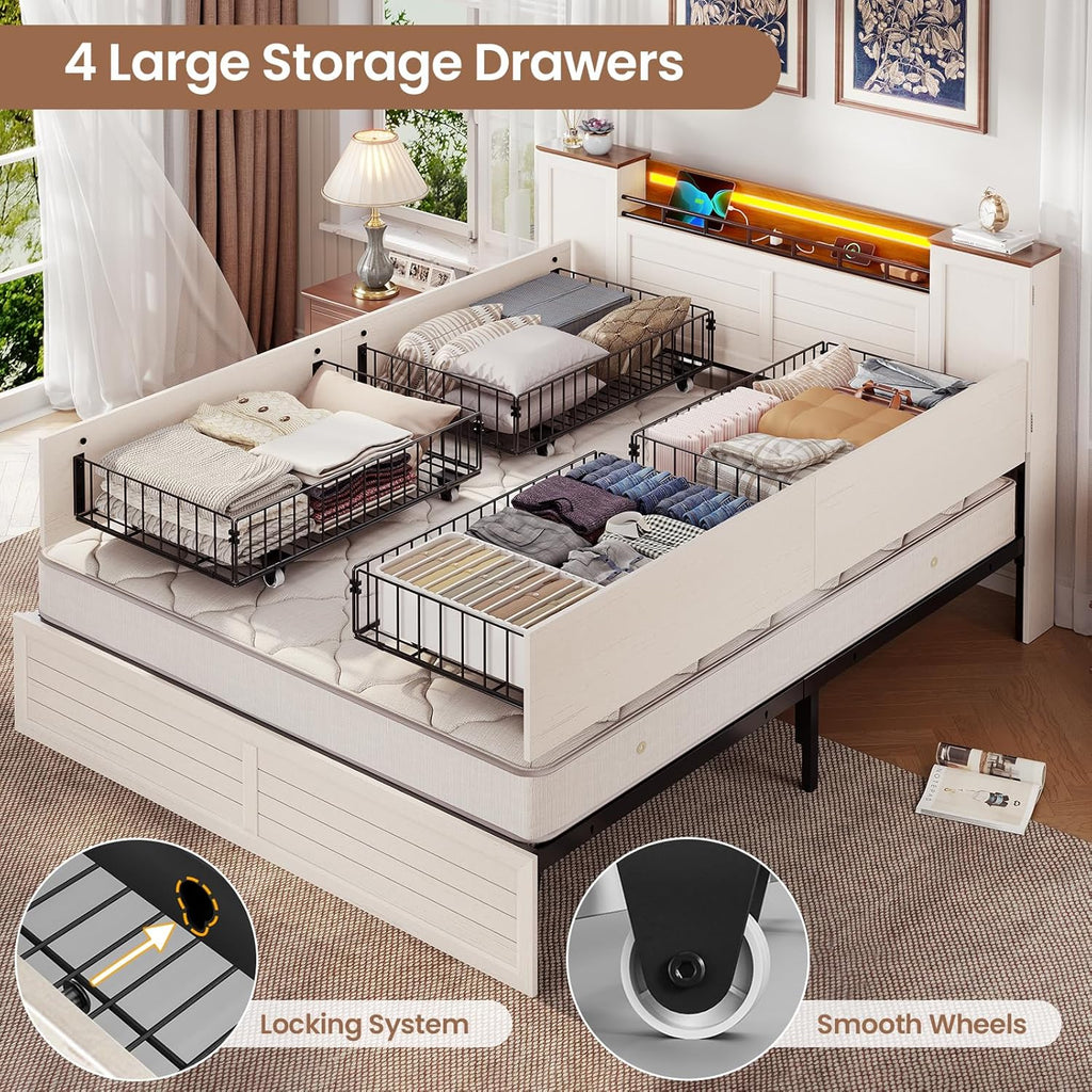 VIAGDO Farmhouse Full Size Bed Frame with Headboard and Double Barn Door Storage Cabinets, Rustic Wooden Bed Frame Full with Charging Station, 4 Drawers and LED Lights, No Box Spring Needed, White