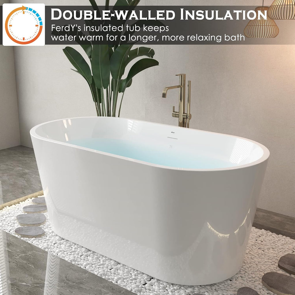 FerdY Luzon 55' Acrylic Freestanding Bathtub, Ergonomic Lightweight Classic Oval Soaking Bathtub with Brushed Nickel Drain, Minimalist Linear Design Overflow, Modern White