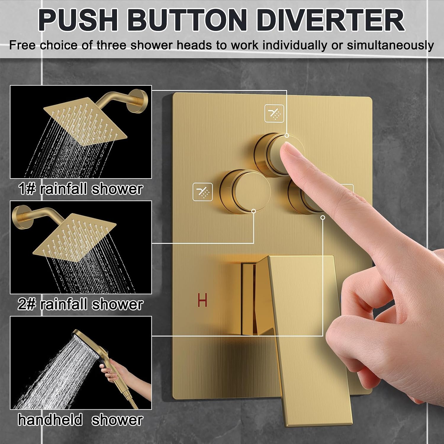 Iriber Bathtub Shower Faucet Set Brushed Gold,Push Button Diverter Shower System for 2 people with 2 in 1 Hand Shower, Dual Shower Head with handheld Wall Mount valve trim kit (cartridge Included)