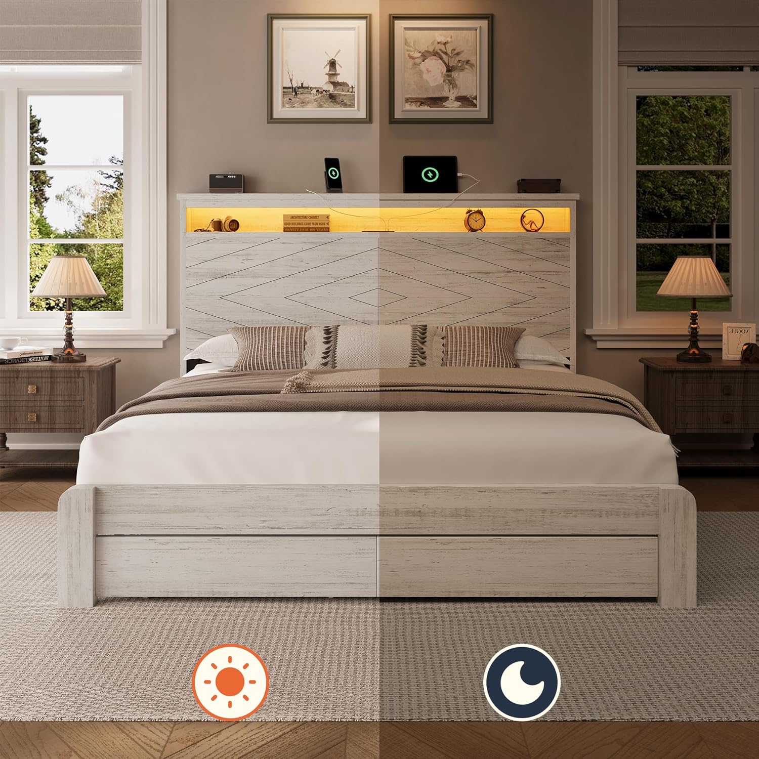LARMACE King Size Bed Frame with 2 Storage Drawers and Headboard Wooden Platform Bed Frame with LED Lights and Charging Station Easy Assembly/No Box Spring Needed/White